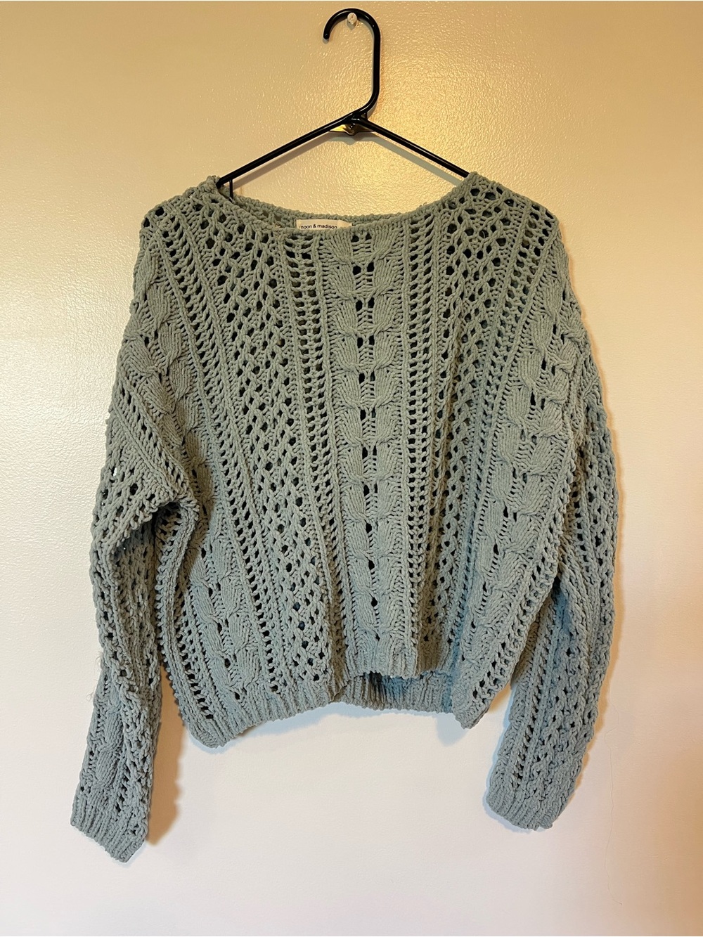 moon & madison Sage Green Open-Knit Crew Sweater